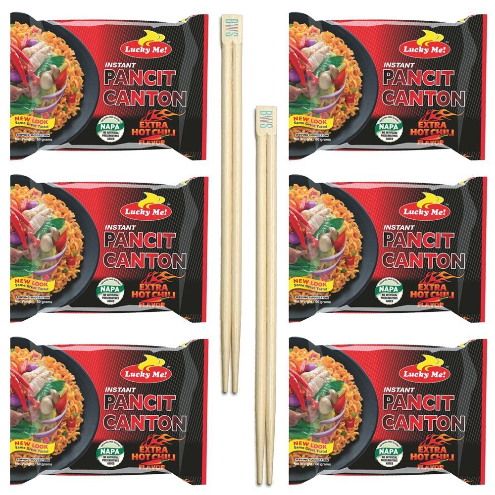 BWS Bamboo Chopsticks (2 Pairs) + Lucky Me! Pancit Canton (6-Pack) Filipino Chow Mein Soupless Ramen Noodles (Extra Hot Chili - Spicy)