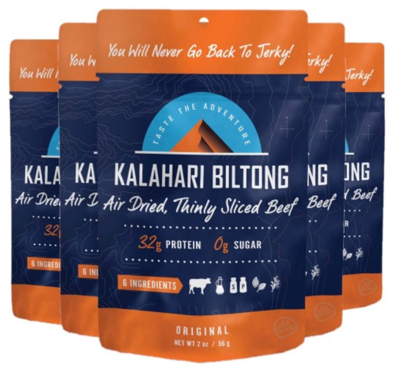 Original Kalahari Biltong, Air-Dried Thinly Sliced Beef, 2oz (Pack of 5), Sugar Free, Gluten Free, Keto &amp; Paleo, High Protein Snack