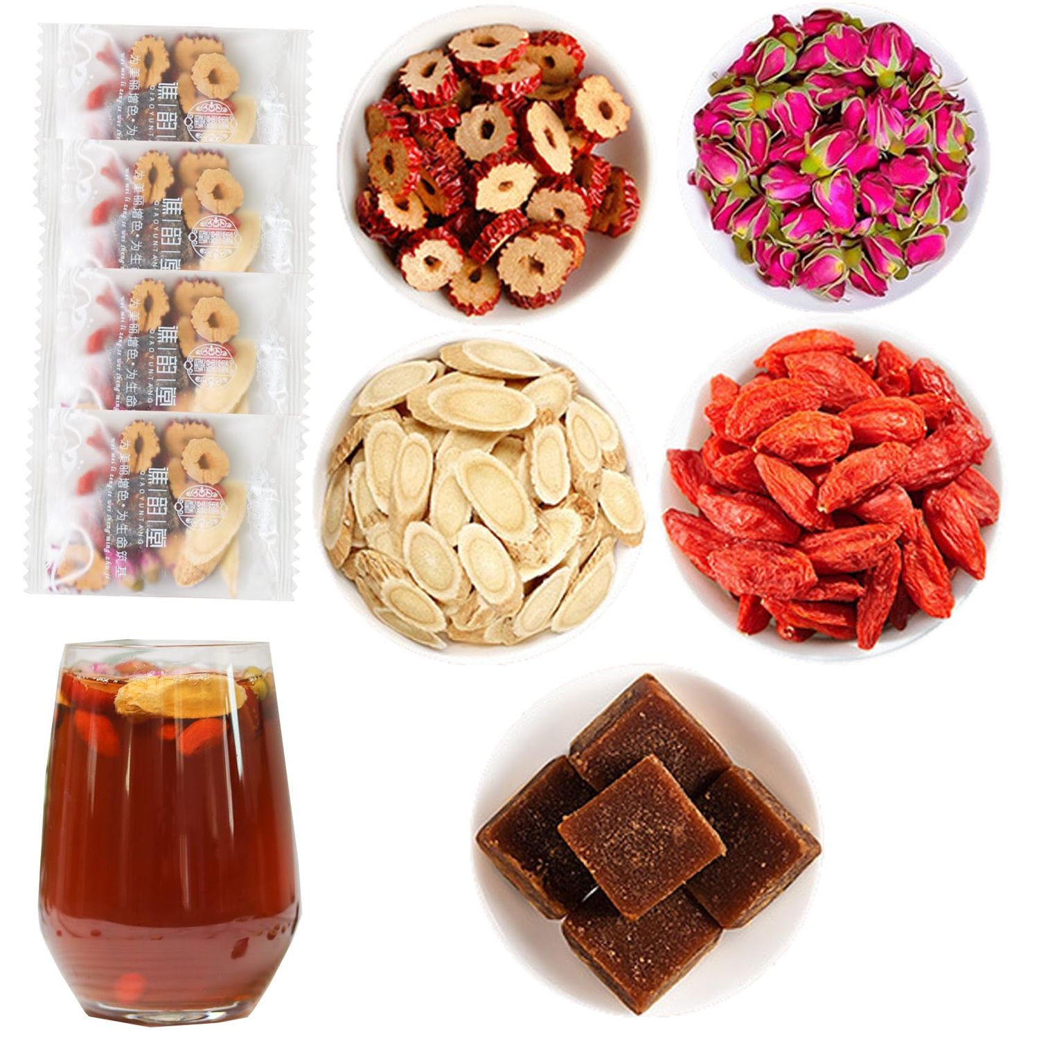 Huangqi Red Jujube Rose Tea Bags 5.29 oz Astragalus Root Dried jujube Double petal red rose Black Sugar Red goji berries Red Date Rose Combination Flower and Grass Tea150g