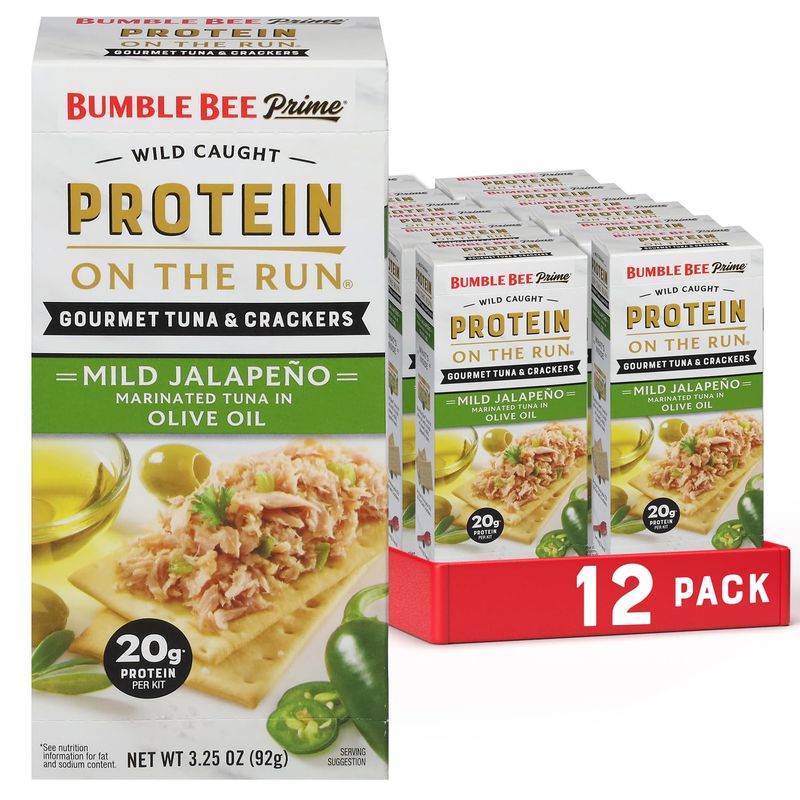 Bumble Bee Prime Protein on the Run Tuna Snack Kit, Pack of 12 - Gourmet Tuna Marinated in Olive Oil &amp; Mild Jalapeno with Crackers and Serving Utensil - 20g of Protein Per Serving