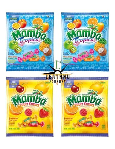 MAMBA FRUIT CHEWS &amp; TROPICS Assorted Candy - Chewy candy that is Full of Great Flavors, Individually Wrapped and Fresh! 3.52oz Bags - 4 packaged by Leathnu Foundry