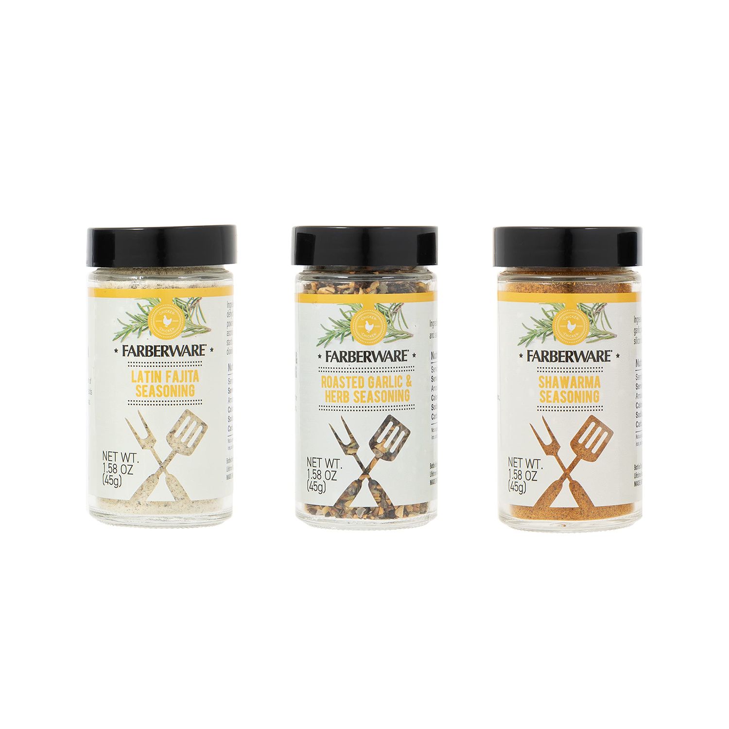 Farberware BBQ Poultry Spice Blend Set (Latin Fajita, Garlic &amp; Herb, Shawarma) In Glass Jars With Removable Sifter Caps For Sprinkling