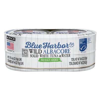 Blue Harbor Fish Co. Wild Albacore Solid White Tuna in Water, No Salt Added - 4.6 oz Canned Tuna (Pack of 4)