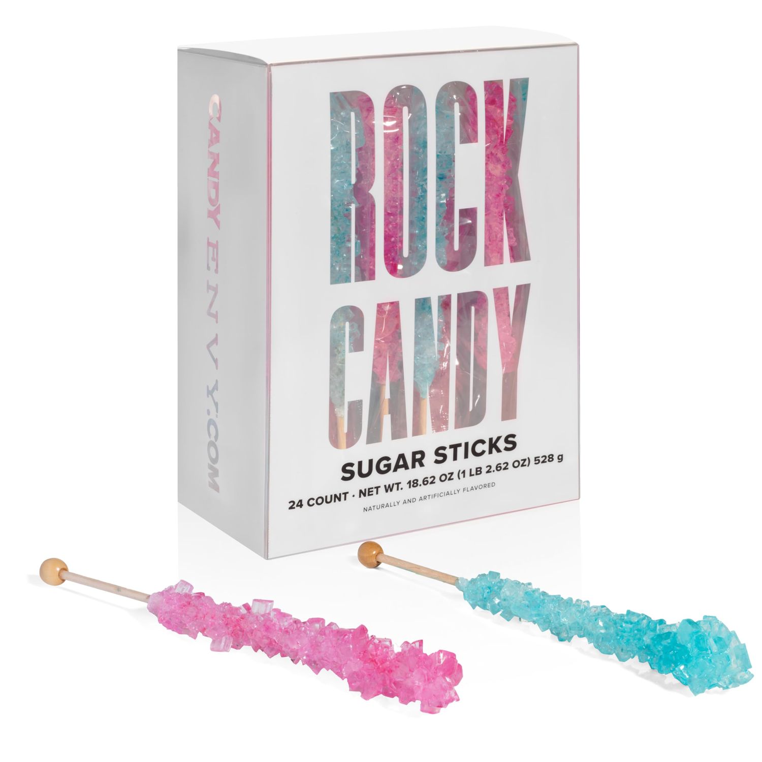 Light Blue and Pink Rock Candy Crystal Sticks - 24 Indiv. Wrapped - Cotton Candy &amp; Cherry Flavored