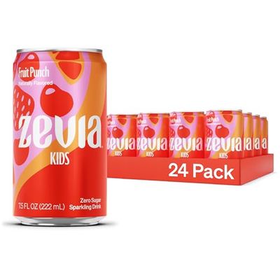 Zevia Zero Sugar, Kids Fruit Punch Sparkling Drink, 7.5 Fl Oz Cans (Pack of 24)