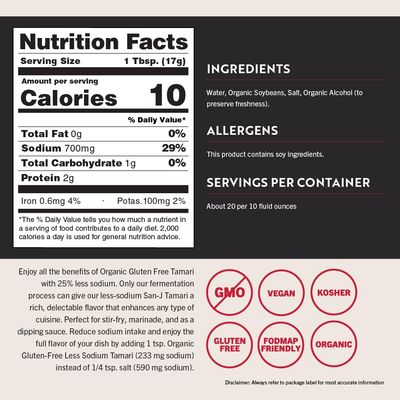 San-J - Organic Gluten Free Tamari Soy Sauce with 25% Less Sodium - Specially Brewed - Made with 100% Whole Soy - 20 oz. Bottles - 2 Pack