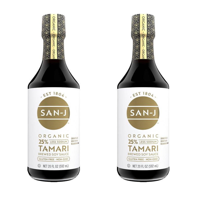 San-J - Organic Gluten Free Tamari Soy Sauce with 25% Less Sodium - Specially Brewed - Made with 100% Whole Soy - 20 oz. Bottles - 2 Pack