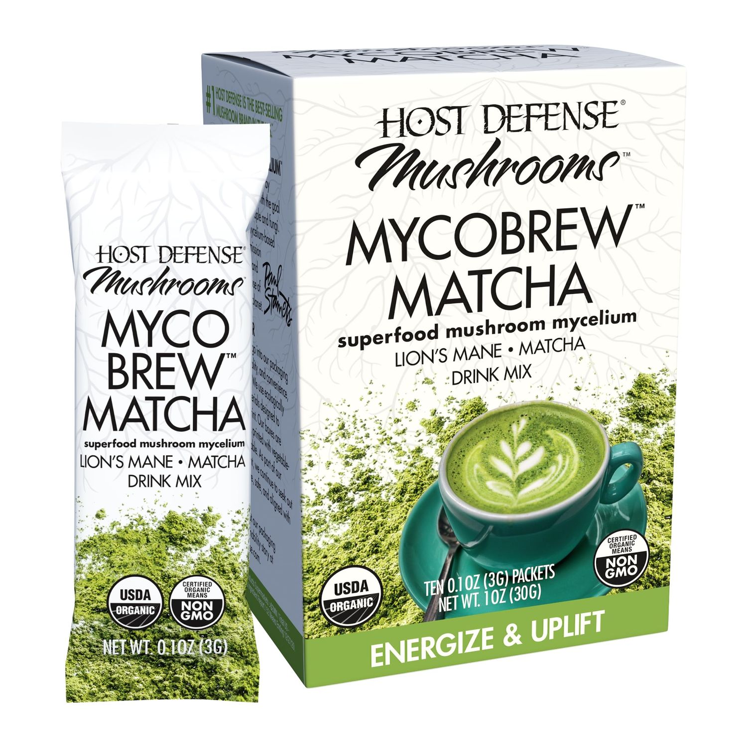 Host Defense MycoBrew Matcha - Matcha Drink Mix - Matcha Green Tea Powder that Includes Lion&#39;s Mushroom - Drink Mix with Organic Matcha Tea - 10 Packets (10 Servings)