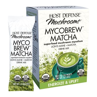 Host Defense MycoBrew Matcha - Matcha Drink Mix - Matcha Green Tea Powder that Includes Lion&#39;s Mushroom - Drink Mix with Organic Matcha Tea - 10 Packets (10 Servings)