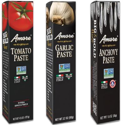 Amore Crowd Favorite - Garlic Paste (3.2oz), Tomato Paste (4.5oz) &amp; Anchovy Paste (1.6oz) in a Tube, Non GMO Verified (Variety 3 Pack)