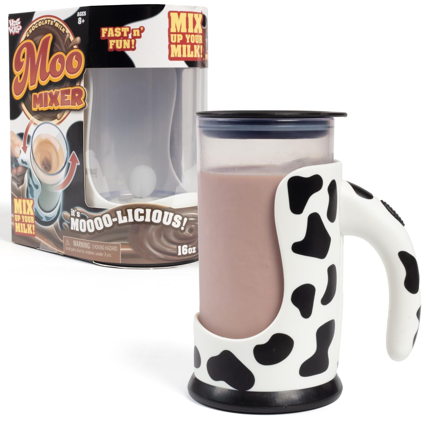 Hog Wild Moo Mixer Supreme Chocolate Milk Mixer - 16 Oz Cup + No Spill Sip Lid &amp; Easy To Clean Detachable Base Mixes Powder/Syrup - Dishwasher Safe &amp; Portable - Great Christmas Gift for Kids &amp; Adults