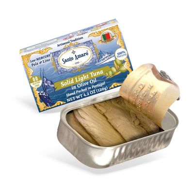 Santo Amaro - Artisanal Wild Tuna Fillets in Virgin Olive Oil, Hand-Packed Canned Tuna from Portugal, Atlantic Natural Tuna, Pole &amp; Line Skipjack Tuna Canned, Low Mercury, 22g Protein Keto, Pack of 12