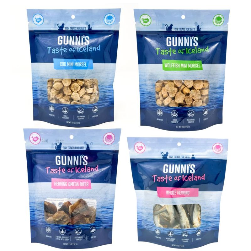 Gunnis Cat Treats Cod, Wolffish, Herring Variety Bundle, 1.5oz (4 Pack)