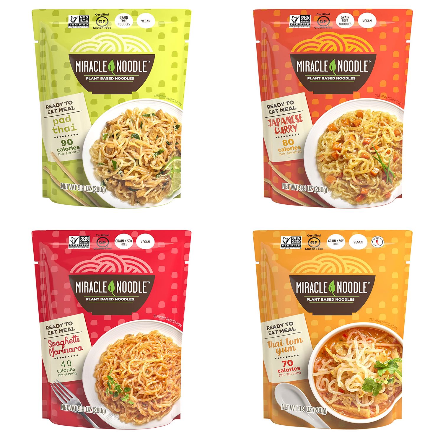Miracle Noodle Variety Pack (Pad Thai, Japanese Curry, Spaghetti Marinara &amp; Thai Thom Yum) - Ready to Eat Shirataki Noodles, Konjac Noodles, Gluten Free, Vegan, Paleo &amp; Keto Friendly - 4-Pack