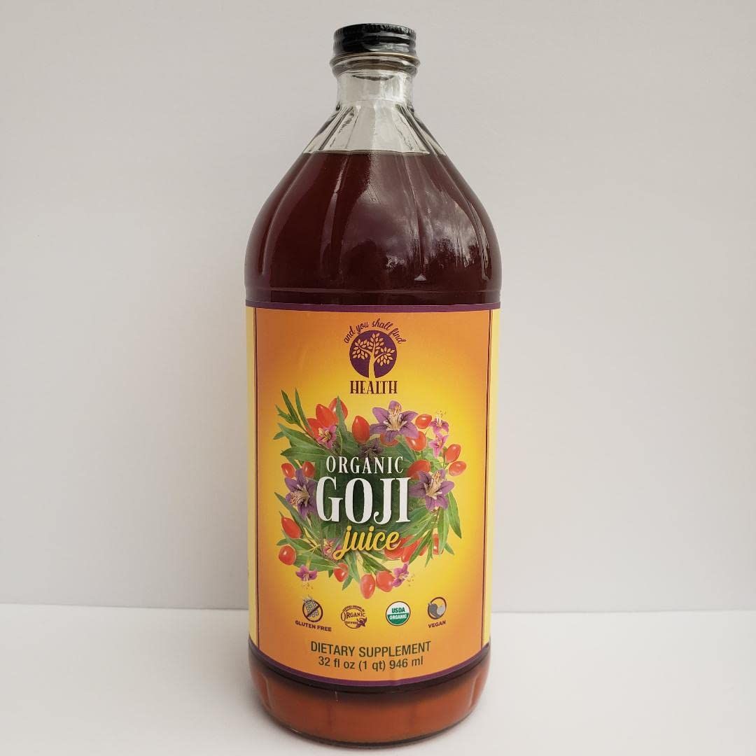 Organic Only GOJI Fruit Juice 100% Pure Puree 32oz (1qt) GLASS Bottle - The Happy Berry Vitamin Rich Super Juice Traditionally Prepared - 30g Goji Superfruit Per Serving - Gluten-Free &amp; Vegan