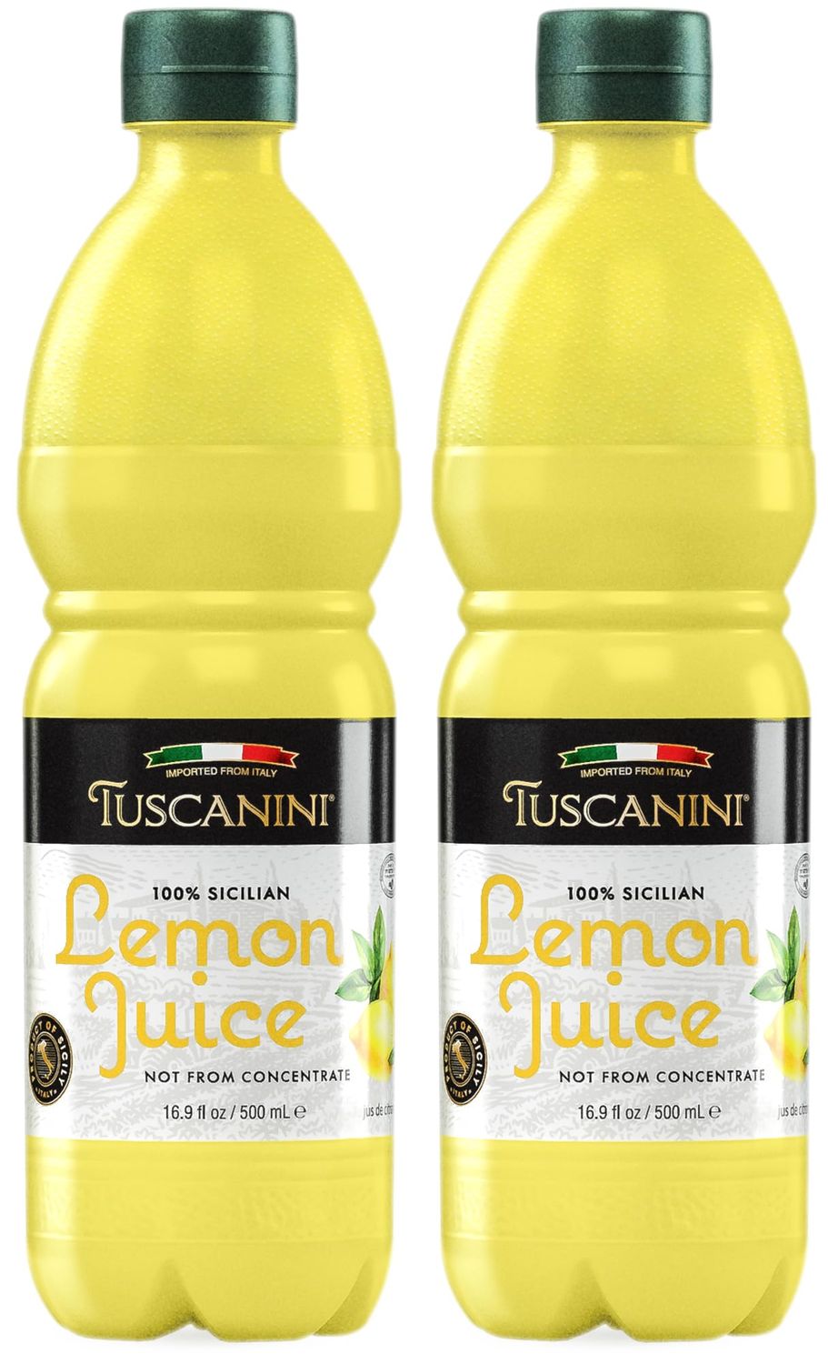 Tuscanini 100% Sicilian Lemon Juice, Not from Concentrate,16.9oz (2 Pack) No Water Added | Convenient Size - Fits Nicely in Refrigerator | Product of Italy | Certified Kosher (Including Passover)