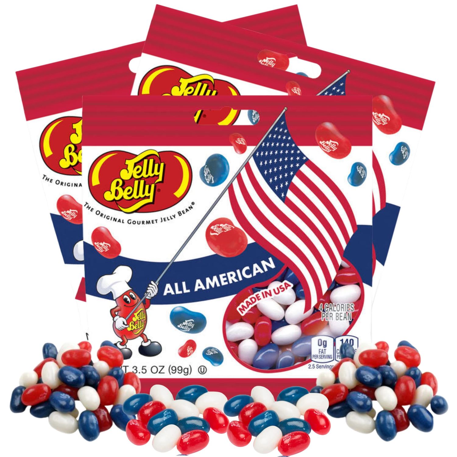 Red, White, and Blue Fruit Flavored Jelly Beans, American Mix Shareable Candy, Gourmet Chewy Candies for 4th of July and Birthday Parties, Pack of 3 (Red White Blue)