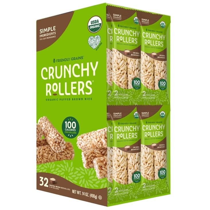 Original Brown Rice Crunchy Rollers - Organic Rice Healthy Snack Crispy Puffed Rice Rolls for Adults and Kids - Friendly Grains (32 Count)