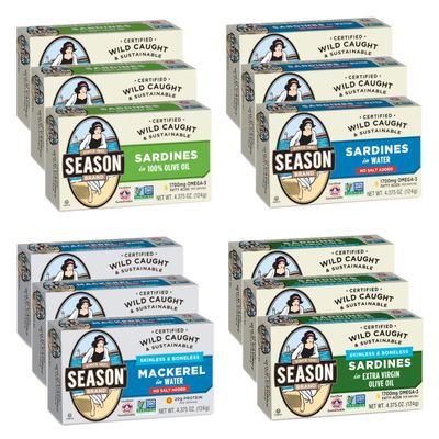 Season Sardines &amp; Mackerel Variety - Wild Caught Sardines in Olive Oil, Water, Extra Virgin Olive Oil (Skinless &amp; Boneless) &amp; Mackerel in Water (Skinless &amp; Boneless) No Salt Added - 3 of Each, 12 Pack