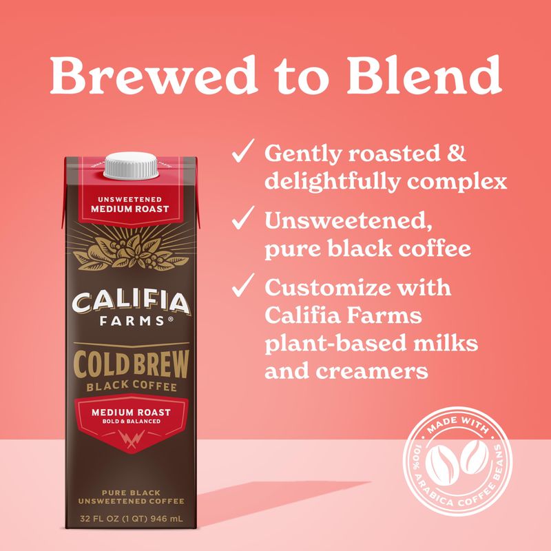 Califia Farms - Pure Black Medium Roast Cold Brew Coffee, 32 Oz (Pack of 6), 100% Arabica, Shelf Stable, Plant Based, Vegan, Gluten Free, Non GMO, Sugar Free, Iced Coffee
