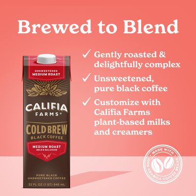 Califia Farms - Pure Black Medium Roast Cold Brew Coffee, 32 Oz (Pack of 6), 100% Arabica, Shelf Stable, Plant Based, Vegan, Gluten Free, Non GMO, Sugar Free, Iced Coffee