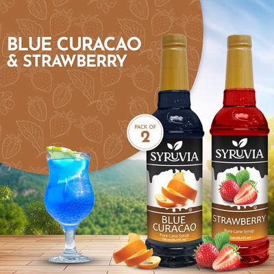Syruvia Blue Curacao & Strawberry Summer magic Variety Pack - 25.4oz Ideal for Cocktails, Desserts, Italian Soda, Ice and More, Kosher and Gluten-Free.