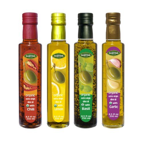 Mantova Organic Flavored Extra Virgin Olive Oil Variety Pack - Garlic, Basil, Chili, and Lemon (8.5 oz Bottles, Pack of 4) - Perfect for Cooking, Dressing, and a Great Gift Item