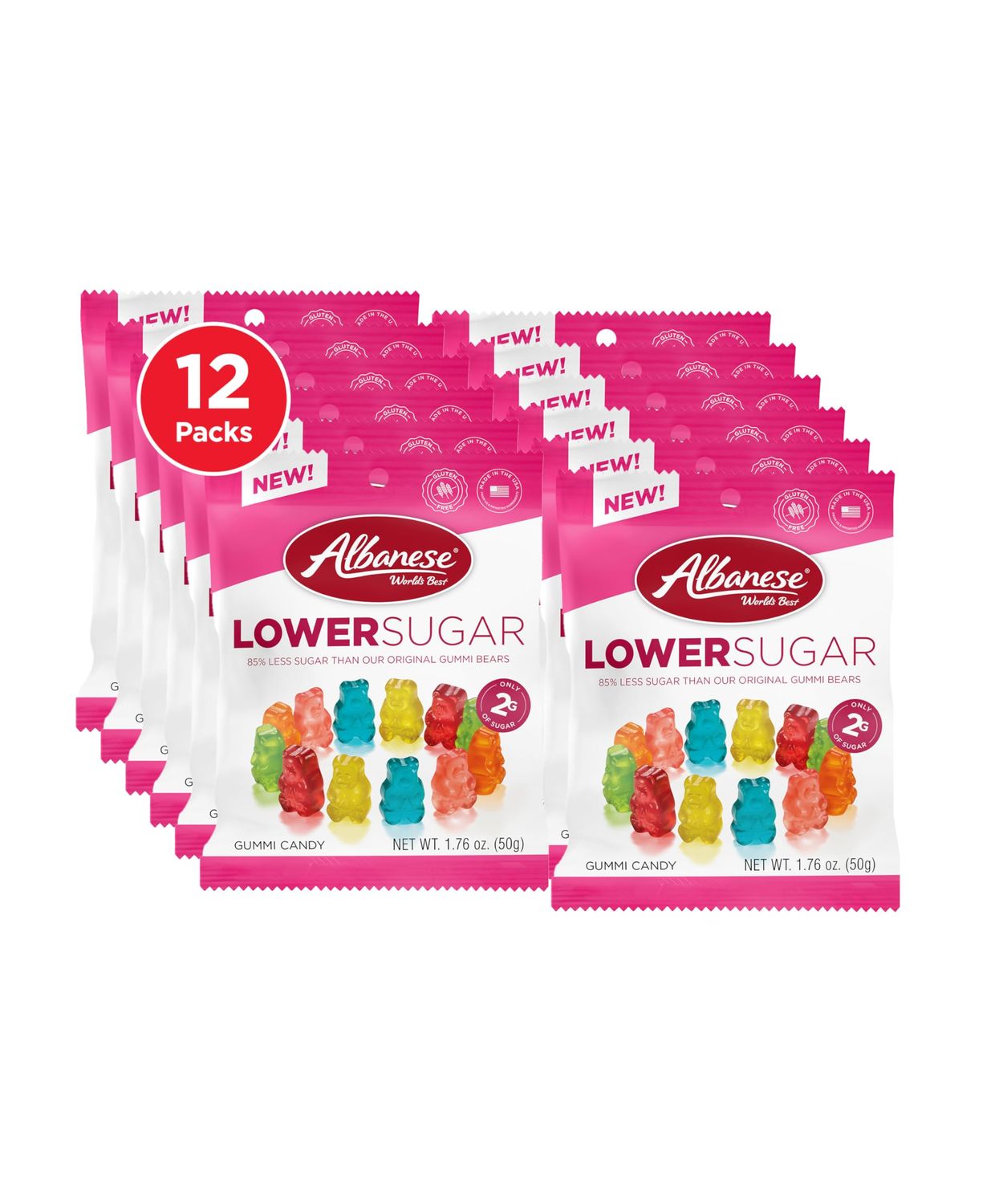 Albanese World&#39;s Best Lower Sugar, Gluten Free Gummi Bears, 1.76oz Bag (Pack of 12), Individually Wrapped Soft &amp; Chewy Candy Snacks