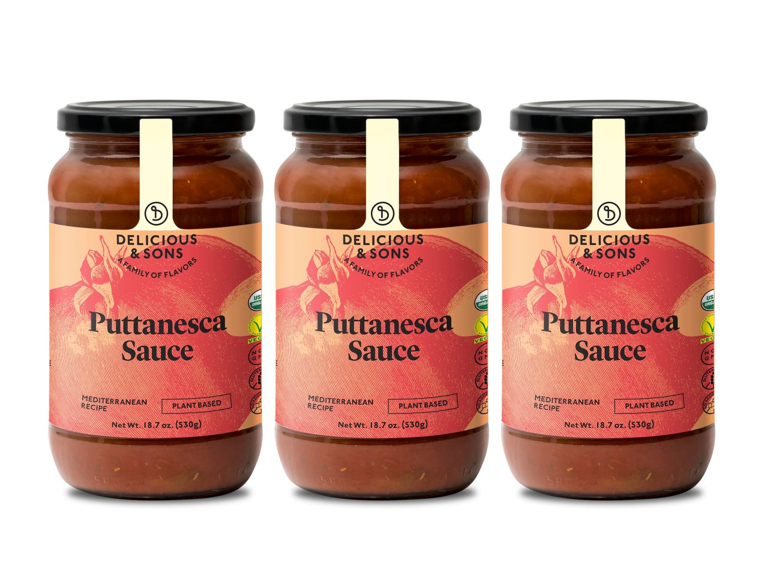 Delicious &amp; Sons - Organic Italian Puttanesca Tomato Pasta Sauce 18.70 oz (Pack of 3) - Vegetarian - Vegan - Non-GMO - Gluten-free - Keto and Paleo - No Added Sugars