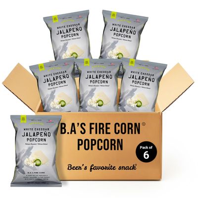 Fire Corn Popcorn Pack of 6 Real Jalapeno Popcorn with White Cheddar Flavor Gluten Free, Spicy, Non-GMO, Healthy Snack Founded &amp; Owned by Combat Veteran, 4.5 oz Sharing Bags