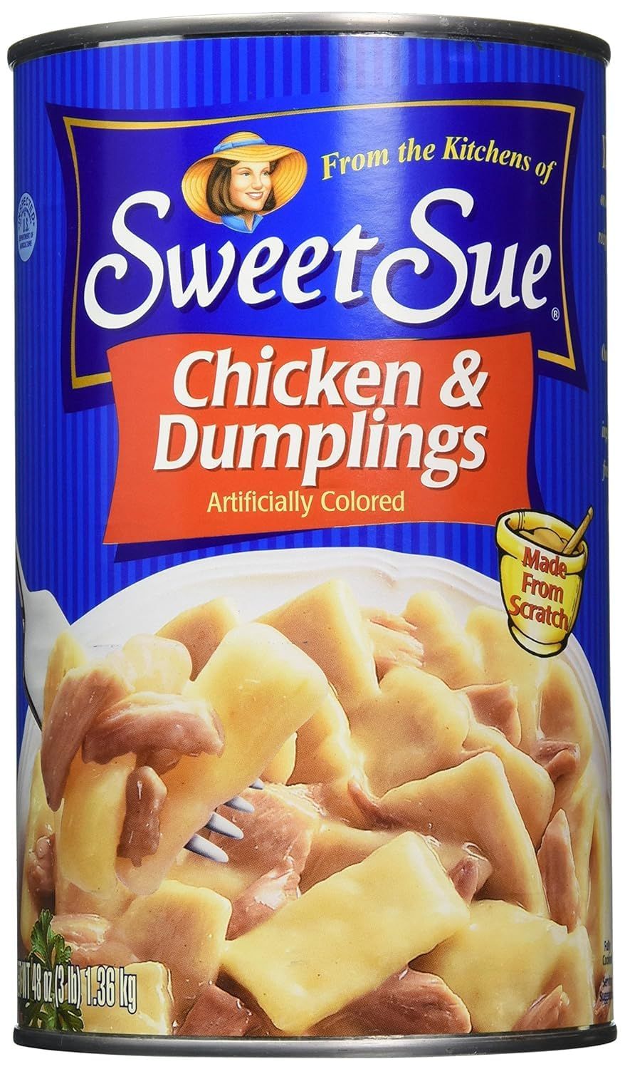 Sweet Sue Chicken &amp; Dumplings - Scratch Made Canned Chicken Dumplings, 14 Grams of Protein Per Serving - Food Service Size for Cafeteria, Bulk Pantry - 48 oz Can (Pack of 1)