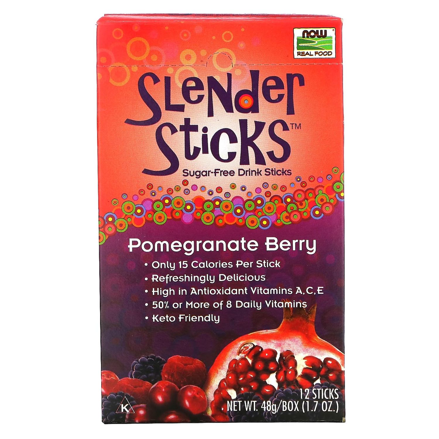 NOW Foods, Slender Sticks, Pomegranate Berry, 15 Calories Per Stick, Refreshingly Delicious, with Antioxidant Vitamins A,C, E, 12/Box