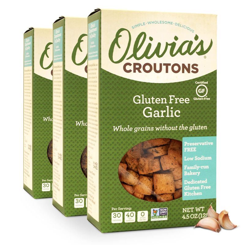 Olivias Gluten Free Croutons For Salad - Crunchy Garlic Soup Crouton - Made from Seasoned Ancient Grain Gluten-Free Artisan Bread - Dairy Free, Vegetarian, Made In USA, 4.5 Oz (Pack of 3)