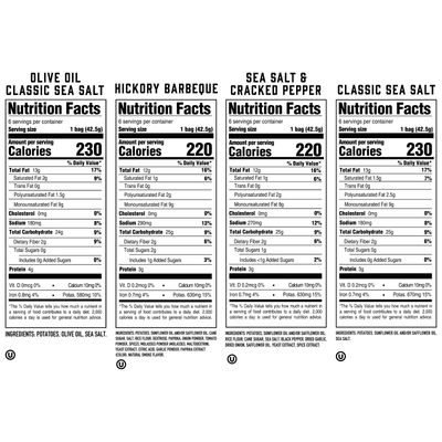Boulder Canyon Kettle Style Potato Chips Variety Pack, 24 Count, Assorted 1.5oz. Bags, Olive Oil Classic Sea salt, Hickory BBQ, Sea Salt & Cracked Pepper, Classic Sea salt