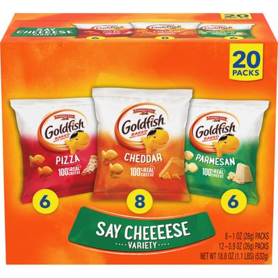 Goldfish Crackers Say Cheeeese Variety Pack with Cheddar, Pizza and Parmesan, Snack Packs, 20 Ct