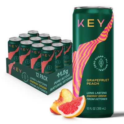 KEY Ketone Energy Drink : Sugar Free, 80mg Low Caffeine, All Natural, 11.5g Ketones, Long Lasting Energy, Green Tea &amp; L-Theanine for Mental Focus, Grapefruit Peach (Pack of 12)