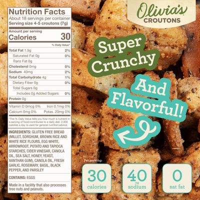 Olivias Gluten Free Croutons For Salad - Crunchy Garlic Soup Crouton - Made from Seasoned Ancient Grain Gluten-Free Artisan Bread - Dairy Free, Vegetarian, Made In USA, 4.5 Oz (Pack of 3)