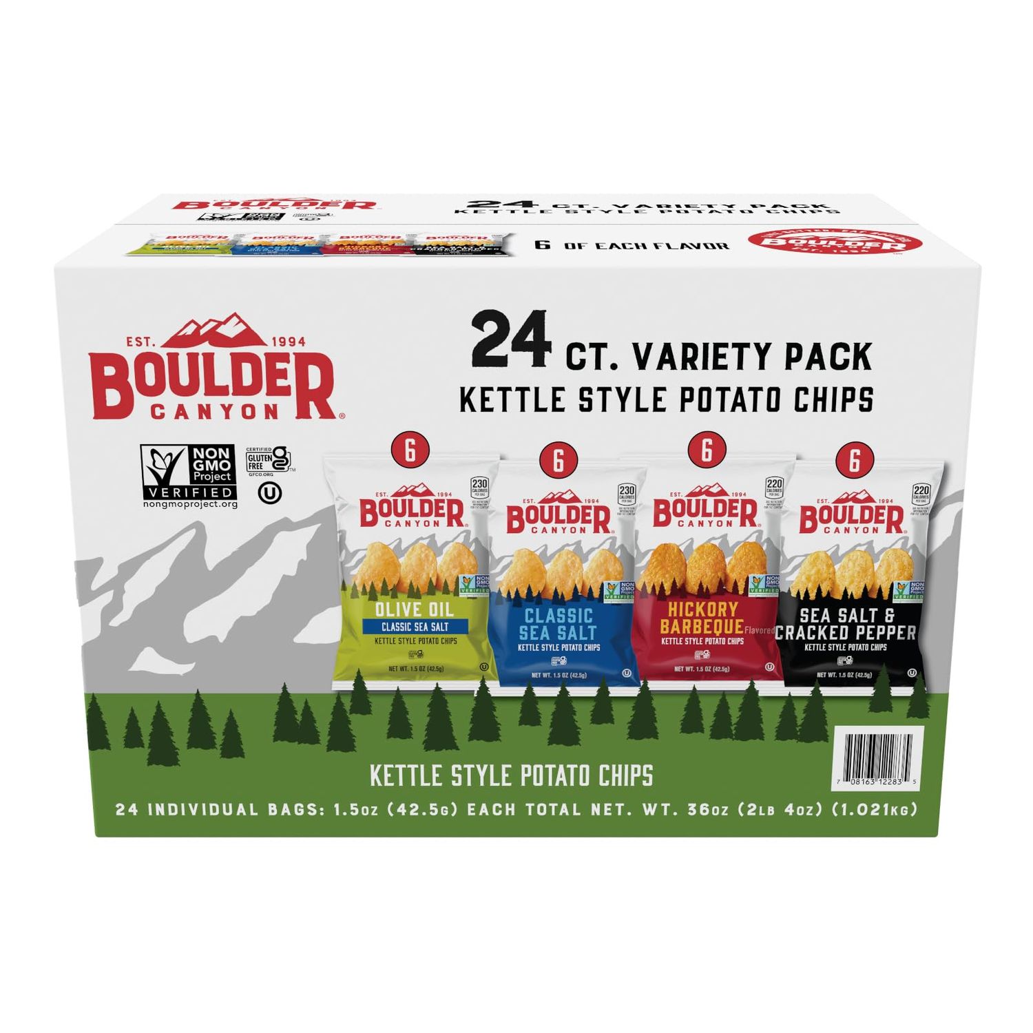 Boulder Canyon Kettle Style Potato Chips Variety Pack, 24 Count, Assorted 1.5oz. Bags, Olive Oil Classic Sea salt, Hickory BBQ, Sea Salt &amp; Cracked Pepper, Classic Sea salt