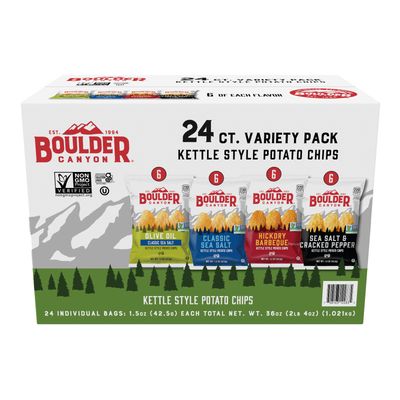 Boulder Canyon Kettle Style Potato Chips Variety Pack, 24 Count, Assorted 1.5oz. Bags, Olive Oil Classic Sea salt, Hickory BBQ, Sea Salt &amp; Cracked Pepper, Classic Sea salt