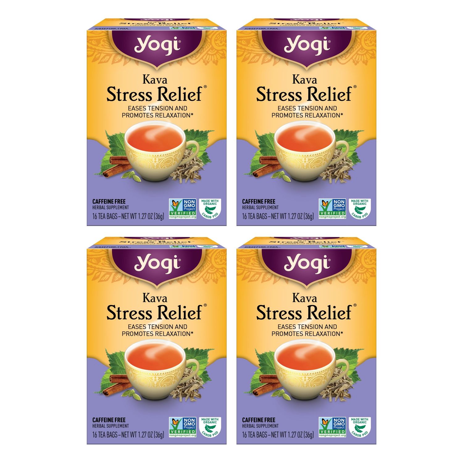 Yogi Tea Kava Stress Relief Tea - 16 Tea Bags per Pack (4 Packs) - Made with Organic, Caffeine-Free Relaxing Tea - Includes Carob Pod, Indian Sarsaparilla Root, Cinnamon Bark, Ginger Root &amp; More