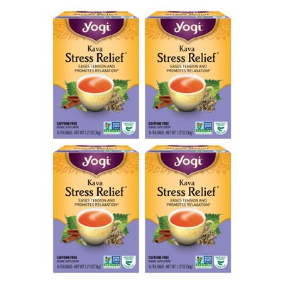 Yogi Tea Kava Stress Relief Tea - 16 Tea Bags per Pack (4 Packs) - Made with Organic, Caffeine-Free Relaxing Tea - Includes Carob Pod, Indian Sarsaparilla Root, Cinnamon Bark, Ginger Root &amp; More
