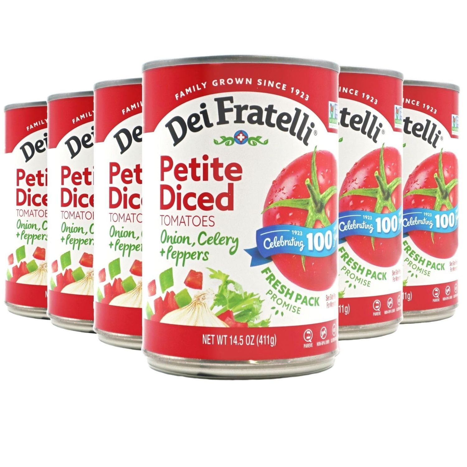 Dei Fratelli Petite Diced Tomatoes with Onion, Celery, and Peppers (14.5 oz. Cans, 6 pack) - Vine-Ripened - Non GMO, Gluten-Free