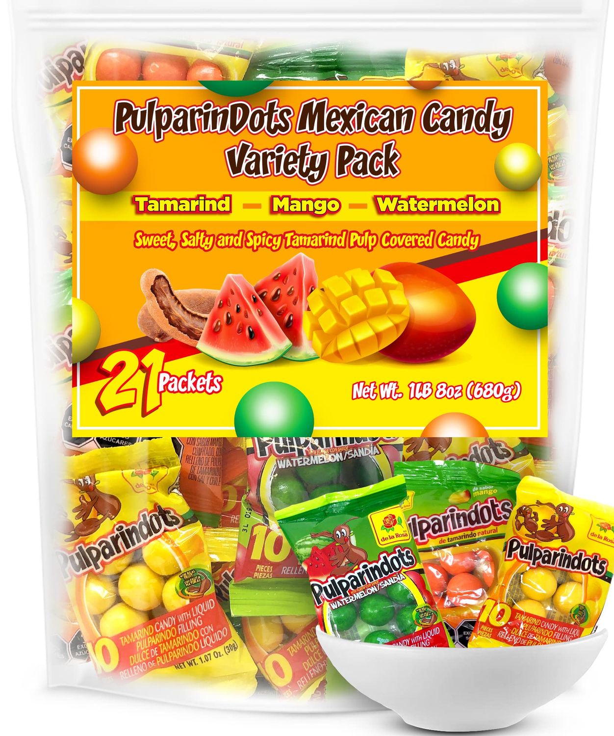 Pulparindo Mexican Candy Variety Pack, 21 Packs of Spicy, Sweet, and Salty Fruit Flavors (Tamarindo, Mango, Watermelon)