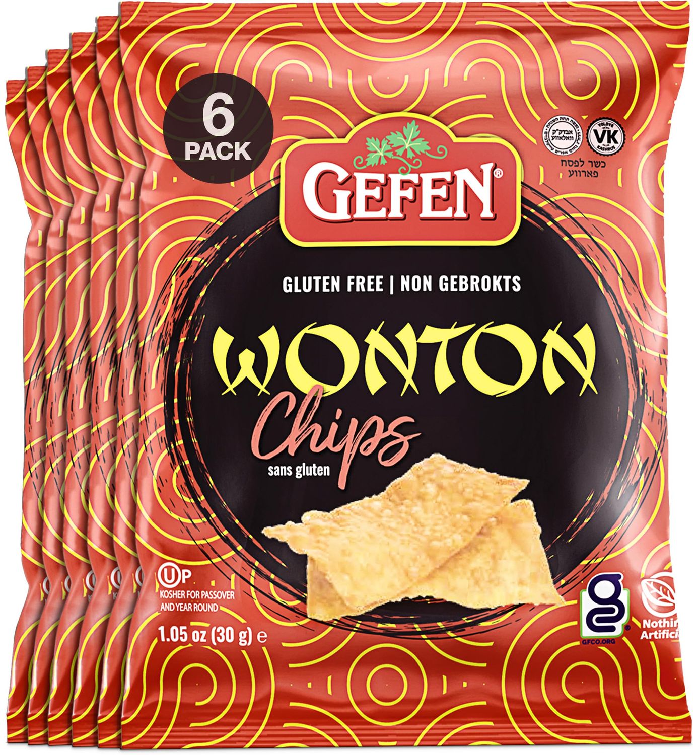 Gefen Gluten Free Wonton Chips, 1oz (6 Pack) Crispy Wonton Strips | Kosher for Passover | Gluten Free Snack | Great for Salad Toppings