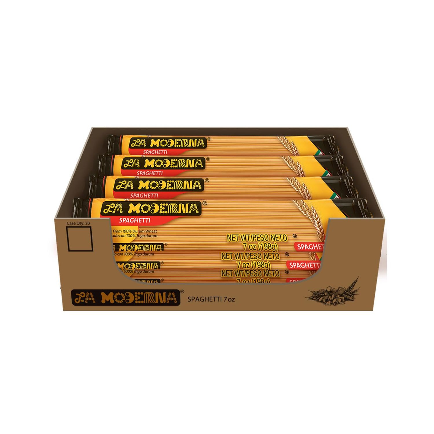LA MODERNA, Spaghetti, Pasta, Hecha con Smola de Trigo Durum, Enriquecida con Vitaminas y Hierro, 7 oz, Pack de 20