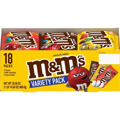 M&amp;M'S Peanut, Peanut Butter &amp; Milk Chocolate Variety Pack Full Size Milk Chocolate Candy Assortment, 30.58 oz 18 ct
