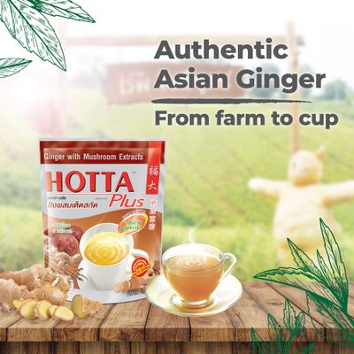 HOTTA Plus Instant Ginger Drink With Mushroom Extracts Soothes Sore Throat Caffeine Free Hot or Cold Tea High Vitamin C &amp; E Real Asian Ginger, 10 Sachets