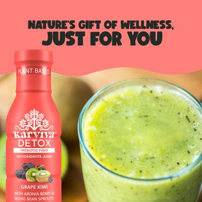 Organic Detox Plant Based Juice, 6 bottles, 12 fl oz, Grape Kiwi Flavor, High in Antioxidant, Aronia Berries and Mung Bean Drink, Anti Inflammatory, Natural Electrolyte, Non GMO, Low Glycemic Index