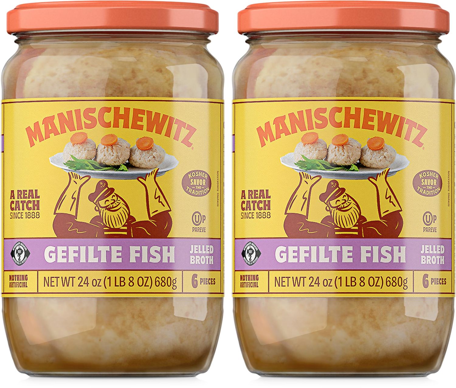 Manischewitz Gefilte Fish in Jelled Broth 24oz (2 Pack), Packed with Protein, No Added MSG, Kosher for Passover