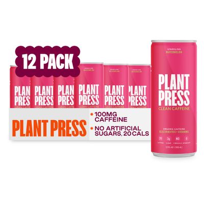 Plant Press - Watermelon, Organic Clean Caffeine Energy Drink &amp; Coffee Alternative, Full Range of Vitamins, Electrolytes, No Sugar Alcohols, No Preservatives (12 Fl Oz, 12 Pk)